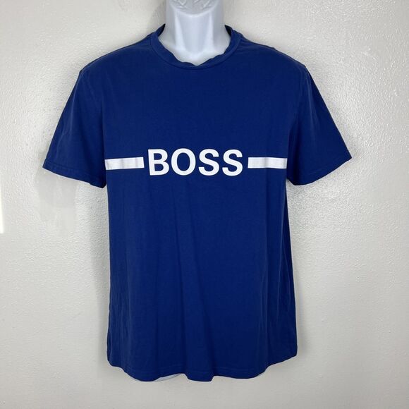 BOSS Hugo Boss Shirt Men Large Blue Short Sleeve Slim Fit Solid Spellout Tee - Picture 11 of 11